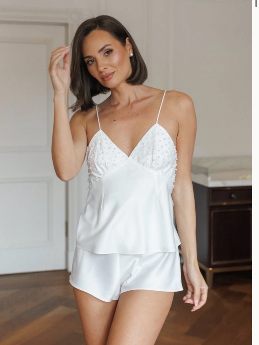 Beaded White Satin Cami & Short Sleep Set